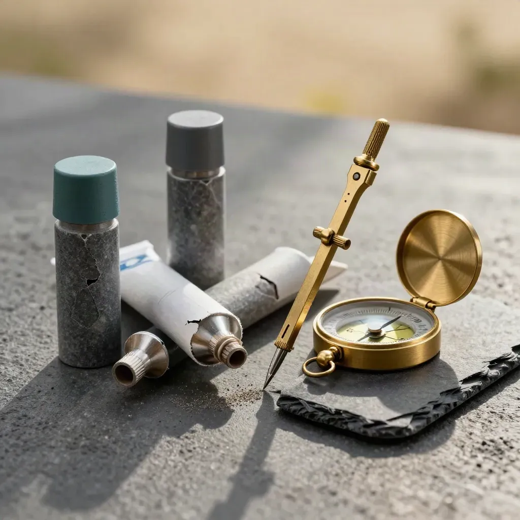 Survey tools and core tubes on dark concrete with a brass compass and slate sample.