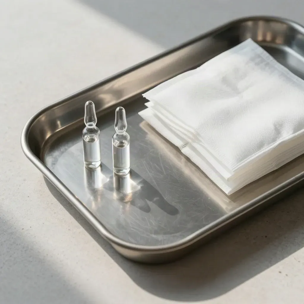 Top-down surgical tray, glass ampoules, and gauze packets on pale stone in cool soft light.