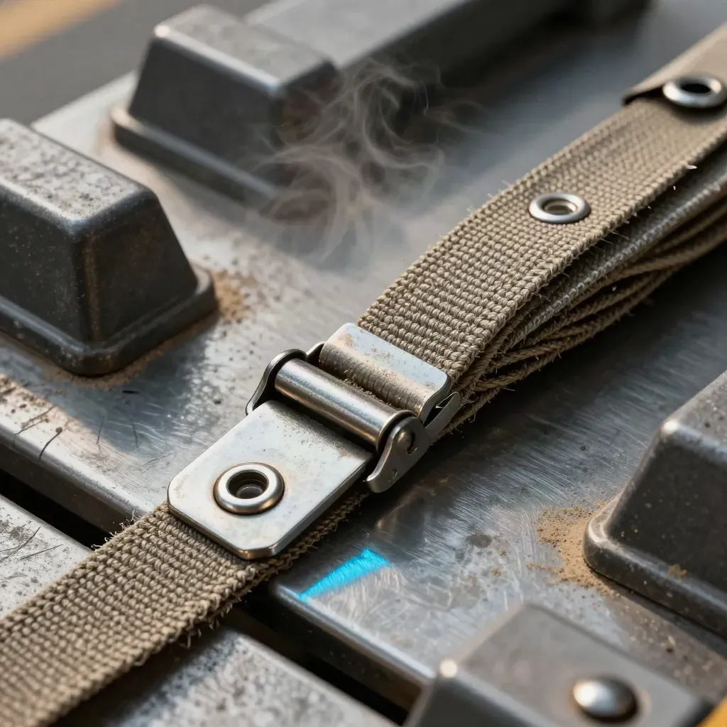 Freight strap hardware and coiled webbing on brushed steel in a tight macro close-up.