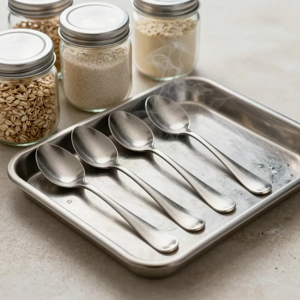 Top-down macro of tasting spoons, sealed ingredient jars and a metal prep tray on pale stone.