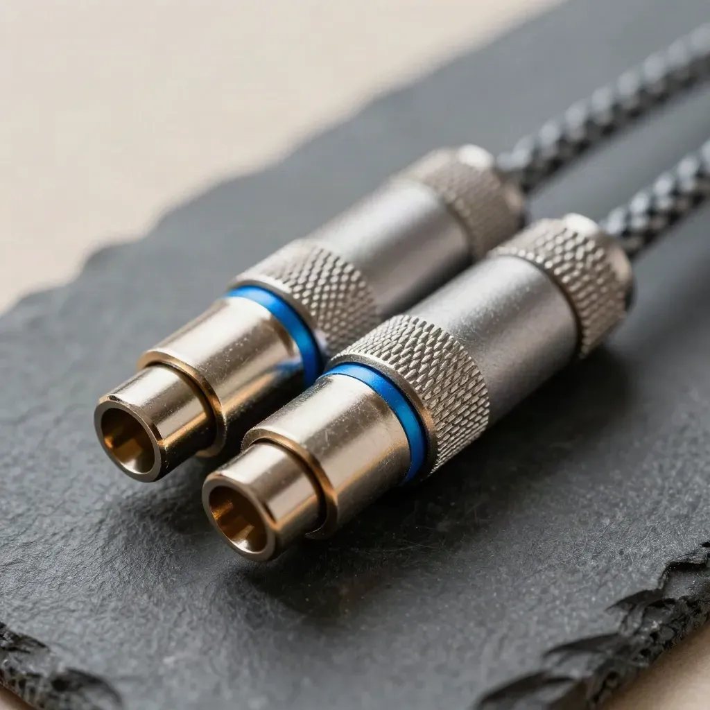 Macro of metal cable couplers and adapters aligned on dark stone with a blue accent.