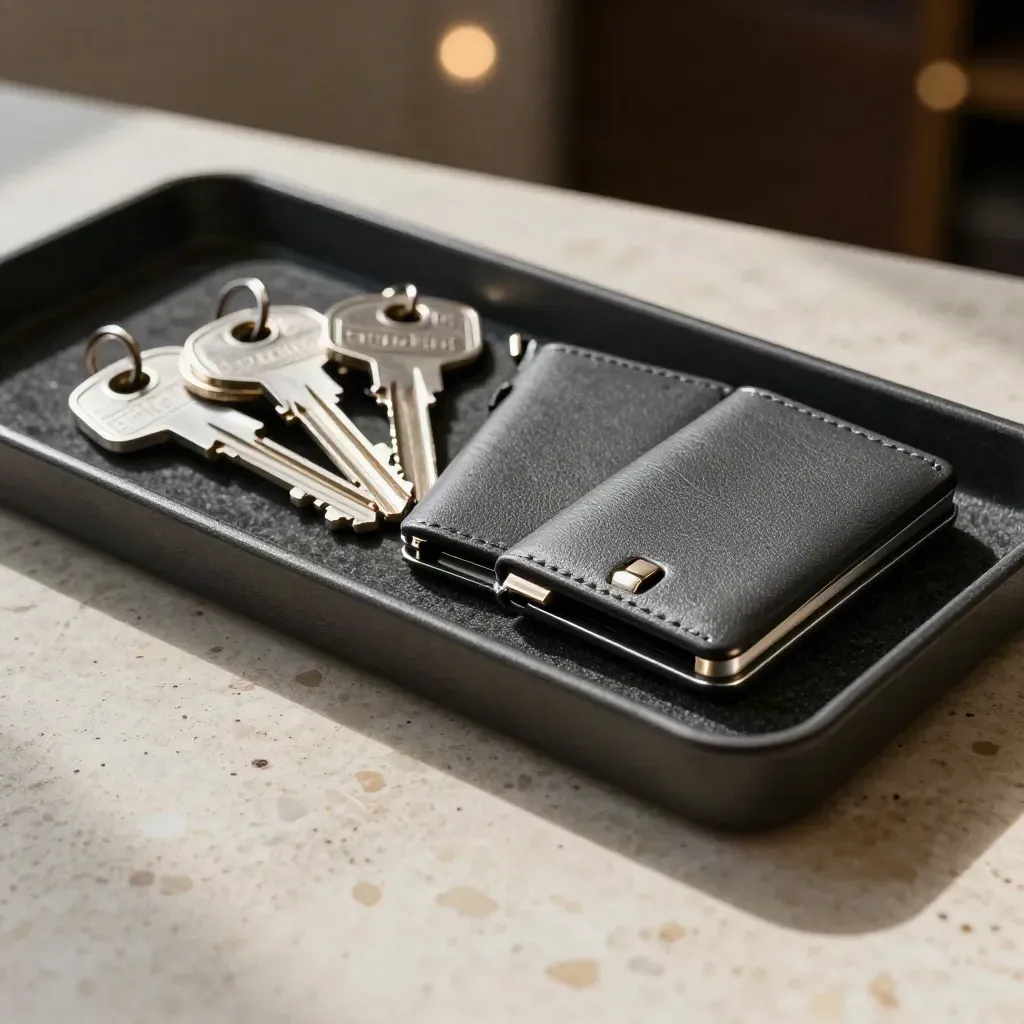 Vault key blanks and security fobs in a felt tray on travertine, lit dramatically.