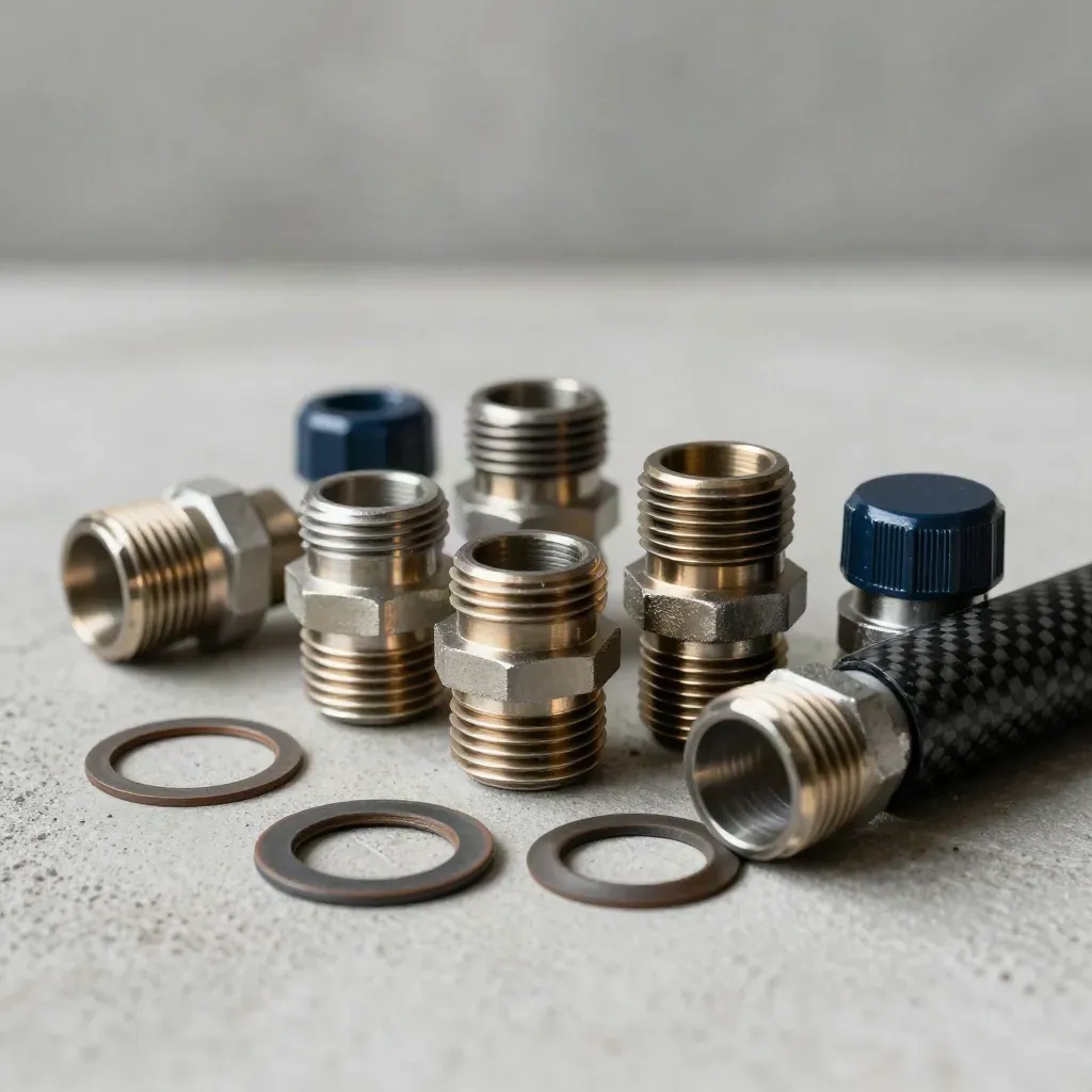 Valve caps, couplers, gasket rings and carbon filter sleeve on pale concrete in soft workshop light