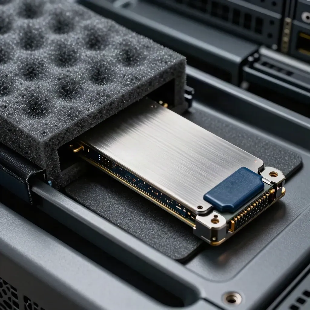 Drive caddy and SSD sliding out of a foam sleeve on a graphite server tray.