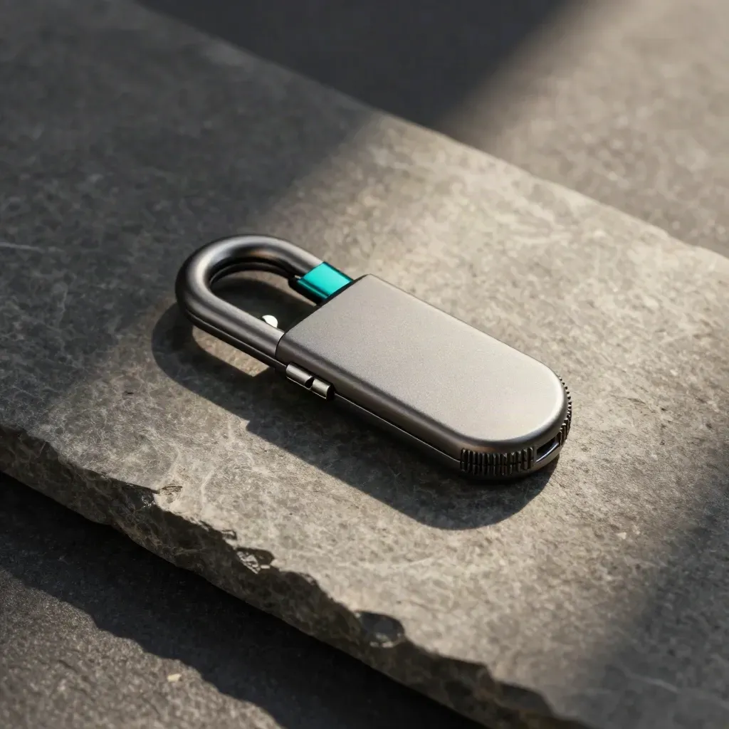 Machined access token, security fob shell, and connector sleeves on stone in dramatic studio light.