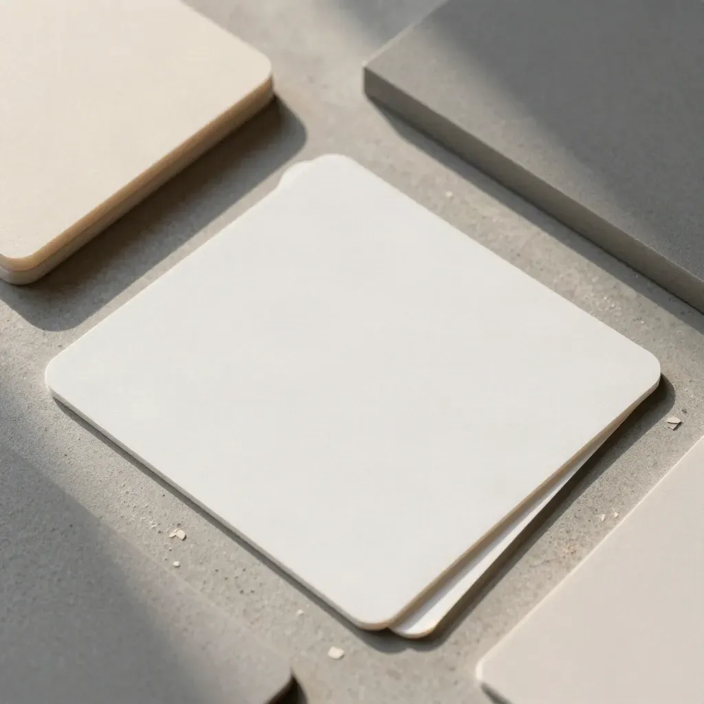 Overhead flat lay of frosted acrylic corner samples and UX mockup cards on concrete.