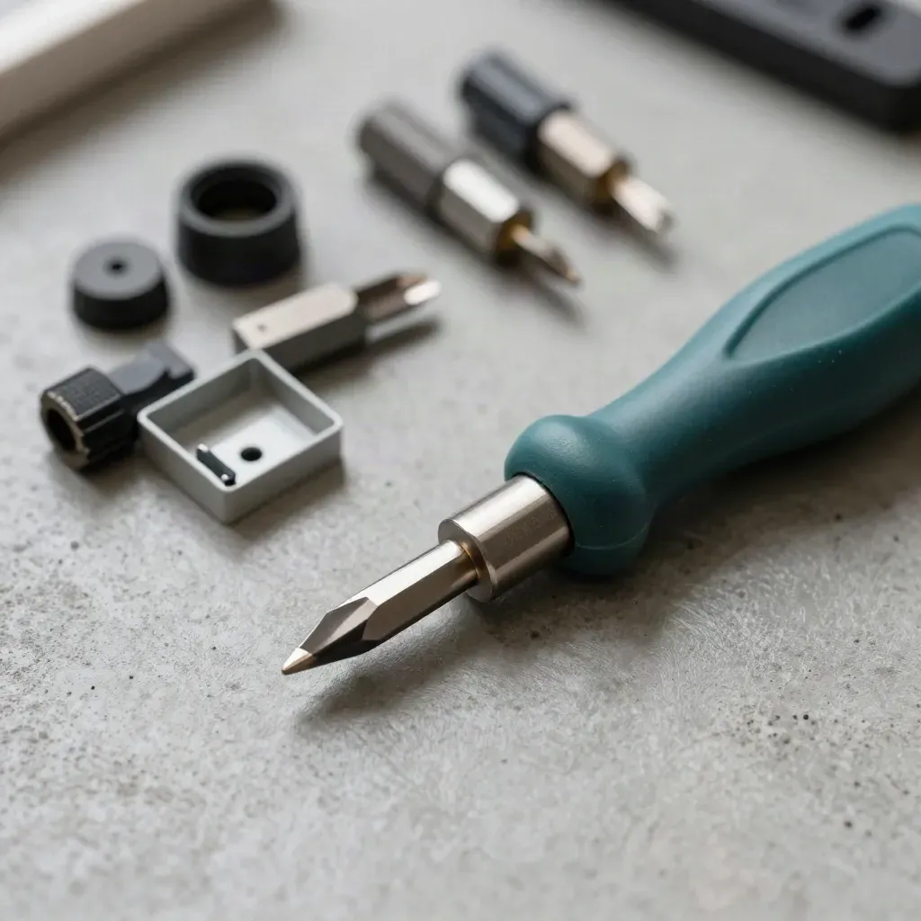 Macro still life of repair bits, cable tester, fuses and tray on a graphite workbench.