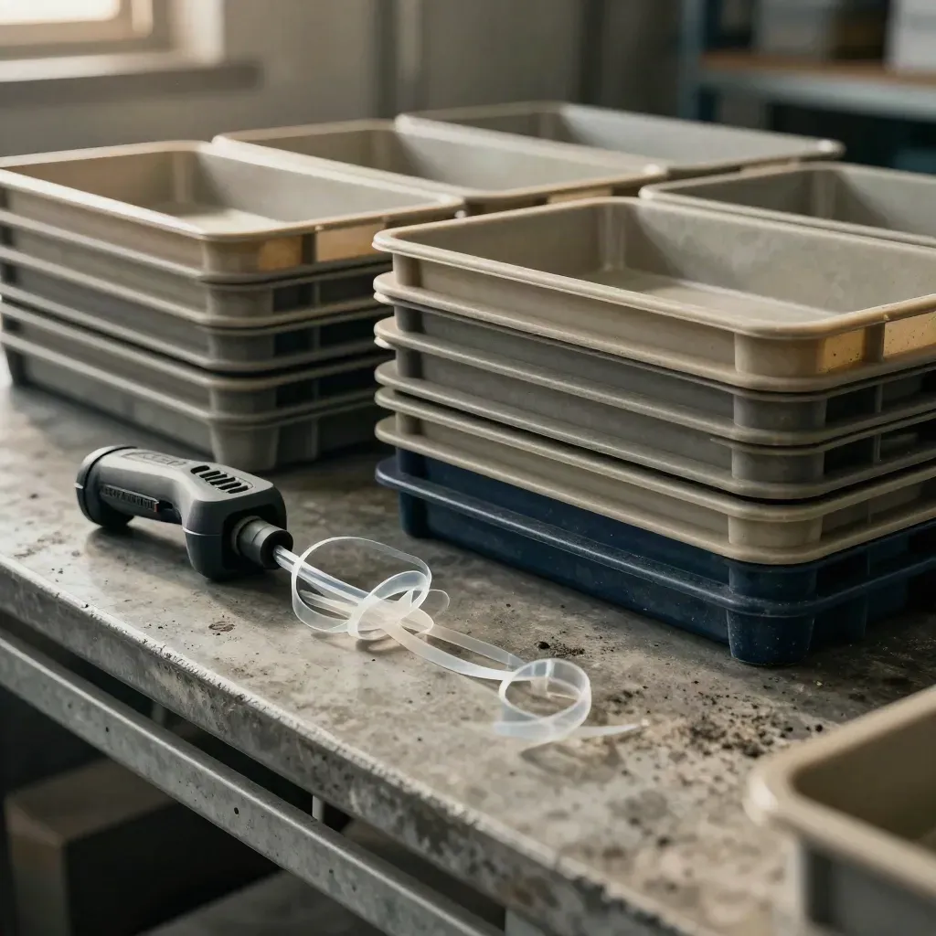 Warehouse bin trays, cable ties and a scanner cradle behind a wire shelf, lit by overhead light.