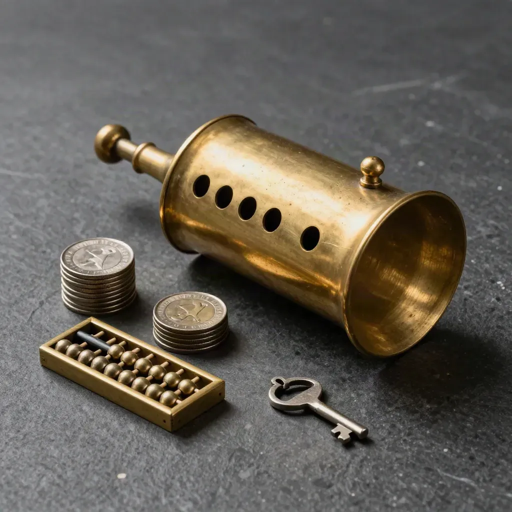 Brass tally counter beside coin trays and an abacus on graphite stone, lit dramatically.