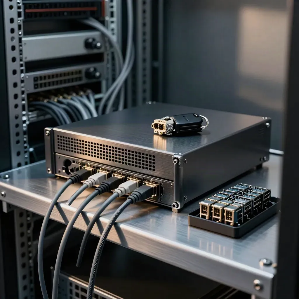 Firewall appliance with braided cords, key fobs, and SFP modules on a server shelf.