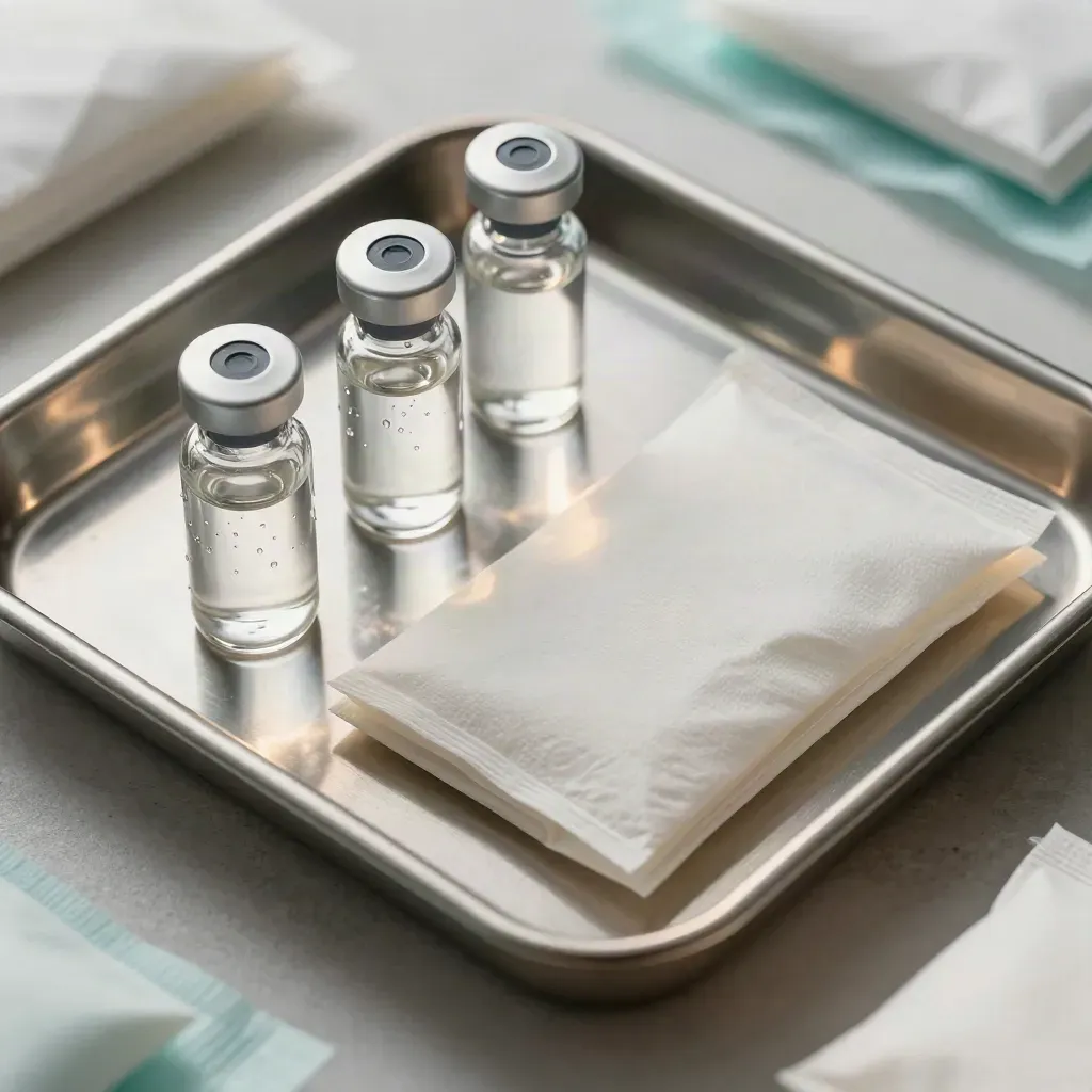 Top-down macro of stainless tray with capped vials and folded gauze on pale stone.