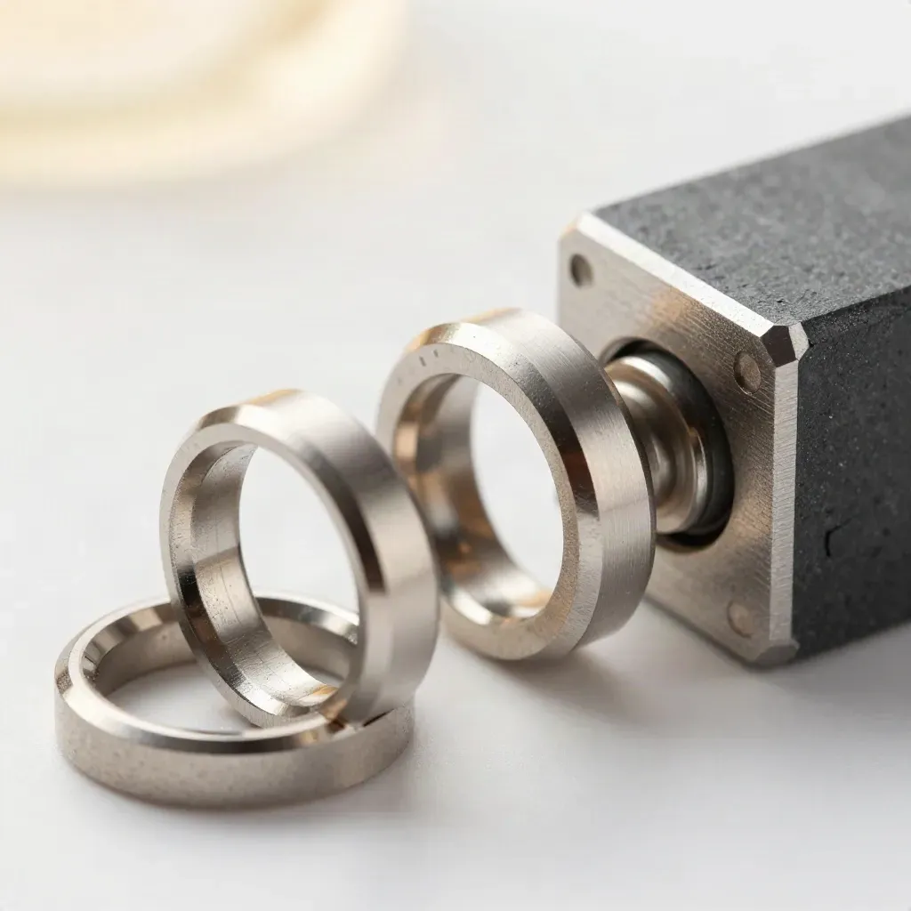 Macro of interlocking metal rings and a slate connector block on brushed aluminum