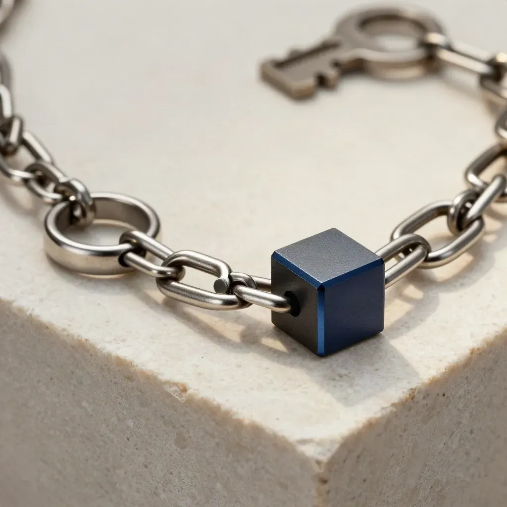 Steel clasp rings, hex sockets, and modular blocks on stone, styled for GitHub integration