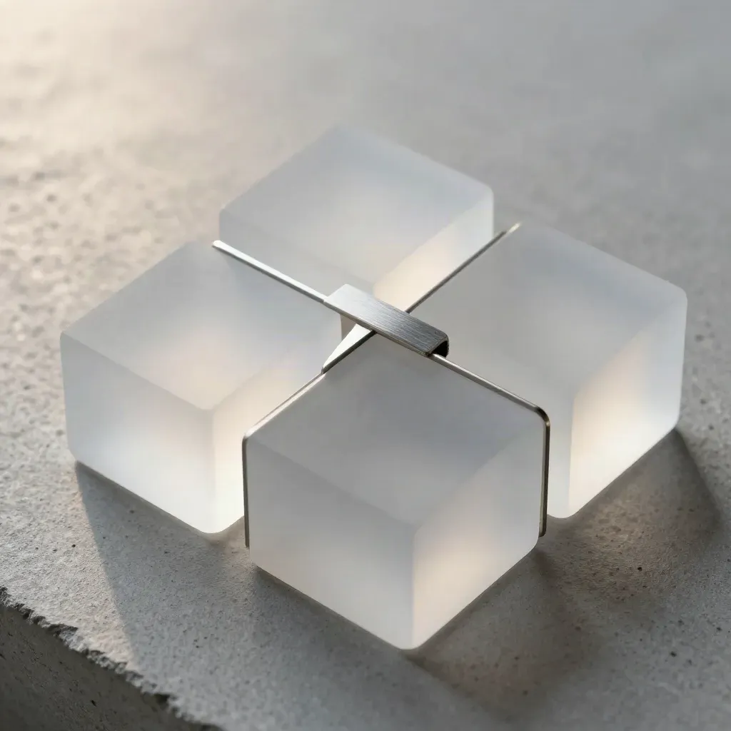 Frosted acrylic blocks bridged by a brushed-metal spacer on cool stone