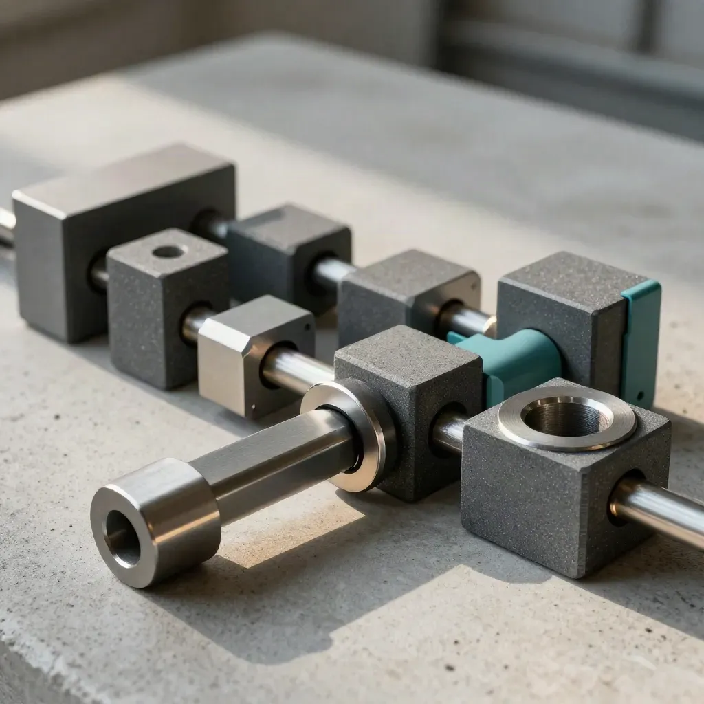 Graphite blocks and linked rings on concrete in a diagonal workflow chain with a muted teal accent.
