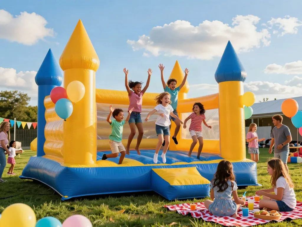 Children having fun in an inflatable castle at a sunny outdoor party.